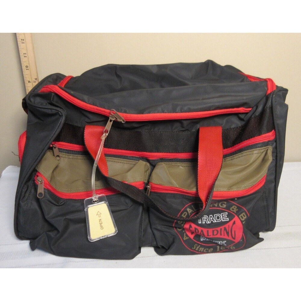 Vtg. Spalding Duffle Bag Pockets Shoe compartment Nylon Black /Red 17"x10"x10"